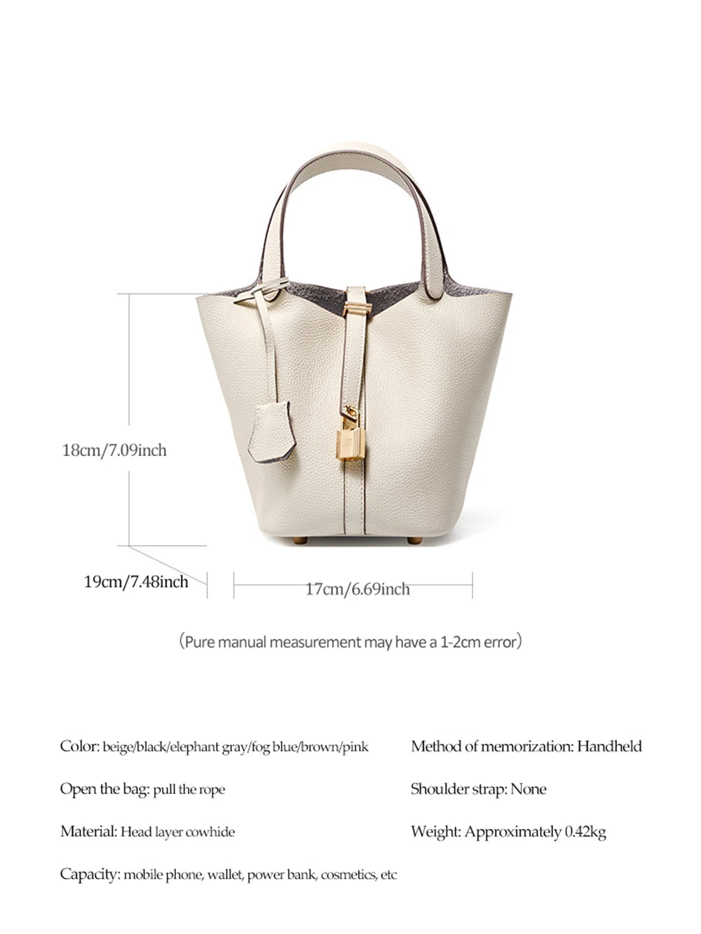 2025 Casual Fashion Female Genuine Leather Bucket Bag Luxury Handbag High-End Tote Bag Woman Cow Leather Mommy Bag & Metal Lock