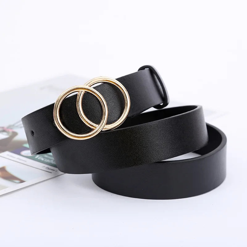 Double Ring Belts for Women Fashion Dress Jeans Belt PU Leather Metal Buckle Round Black Waist Belts