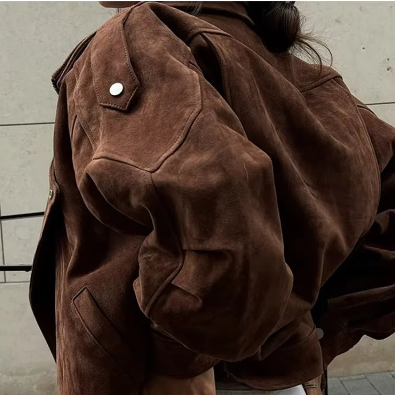Chic Brown Faux Suede Cropped Casual Coat Vintage Lapel Solid Zipper Short Jacket 2025