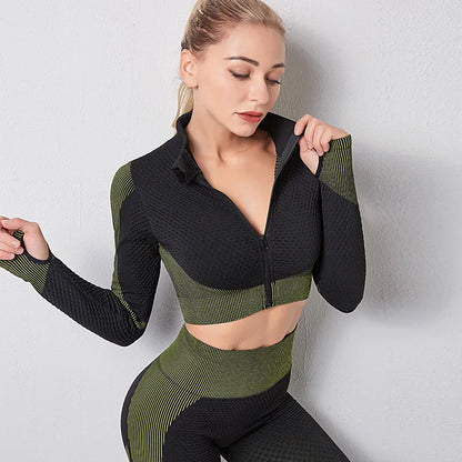 Women Seamless Yoga Sets Running Fitness Sport Suits Long Sleeves Zipper Clothes Tops Shirt Girls Gym Workout Leggings Sportwear