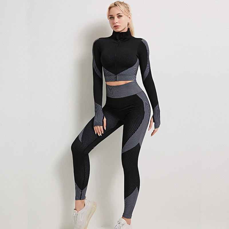 Women Seamless Yoga Sets Running Fitness Sport Suits Long Sleeves Zipper Clothes Tops Shirt Girls Gym Workout Leggings Sportwear