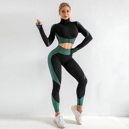 Women Seamless Yoga Sets Running Fitness Sport Suits Long Sleeves Zipper Clothes Tops Shirt Girls Gym Workout Leggings Sportwear