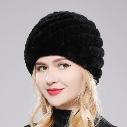 Women Winter Warm Real Rex Rabbit Fur Hat Snow Cap Winter Hats for Women Girls Real Fur Knit Skullies Beanies Natural Fluffy Hat