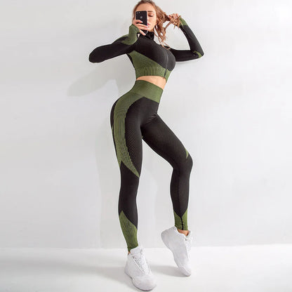 Women Seamless Yoga Sets Running Fitness Sport Suits Long Sleeves Zipper Clothes Tops Shirt Girls Gym Workout Leggings Sportwear