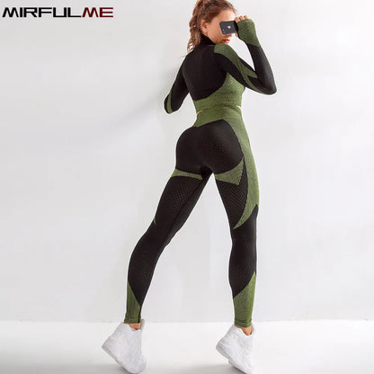 Women Seamless Yoga Sets Running Fitness Sport Suits Long Sleeves Zipper Clothes Tops Shirt Girls Gym Workout Leggings Sportwear