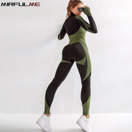 Women Seamless Yoga Sets Running Fitness Sport Suits Long Sleeves Zipper Clothes Tops Shirt Girls Gym Workout Leggings Sportwear