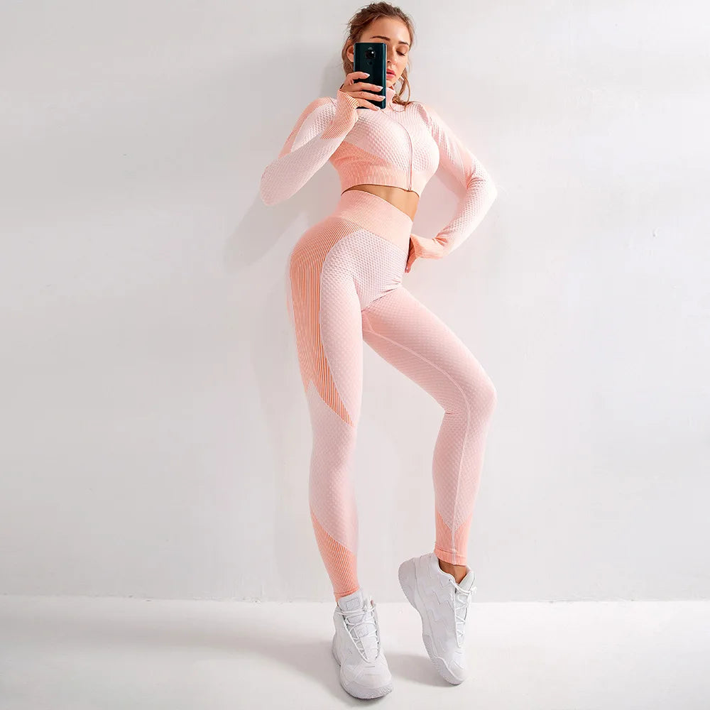 Women Seamless Yoga Sets Running Fitness Sport Suits Long Sleeves Zipper Clothes Tops Shirt Girls Gym Workout Leggings Sportwear