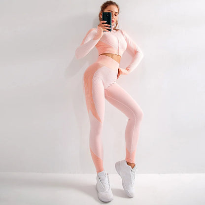 Women Seamless Yoga Sets Running Fitness Sport Suits Long Sleeves Zipper Clothes Tops Shirt Girls Gym Workout Leggings Sportwear