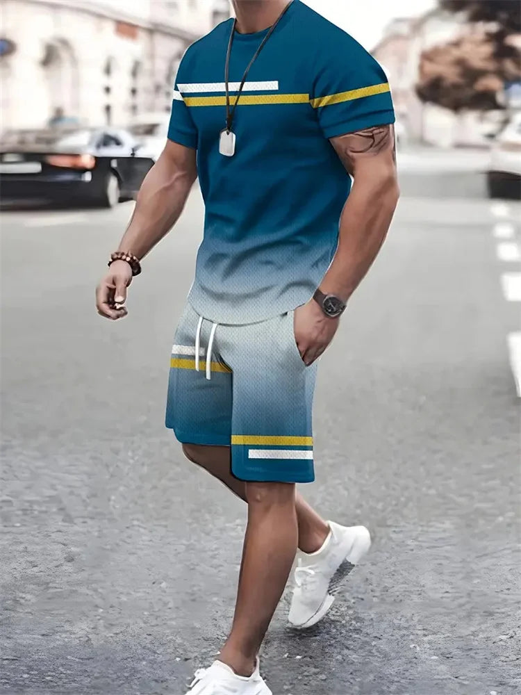 Boutique Men's Summer Casual Sports Short Sleeve Suit Simple Splicing Printed Round Neck T Shirt Drawstring Pocket Shorts Suit