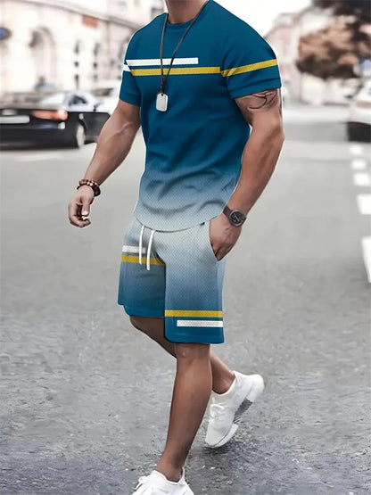 Boutique Men's Summer Casual Sports Short Sleeve Suit Simple Splicing Printed Round Neck T Shirt Drawstring Pocket Shorts Suit