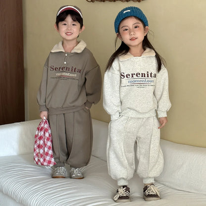 Toddler Kids Boys 2piece Set Winter Letter Printed Turn Down Collar Infant Baby Boy Sweatshirt Ins Solid Color Children Boy Pant