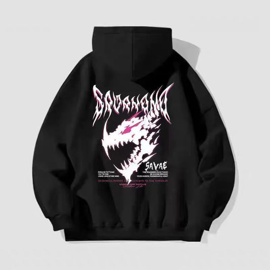 Unisex Cotton Hoodie Street Style Autumn Winter Thickened Fleece Lined Dinosaur Print Lazy Style Casual American Student Top