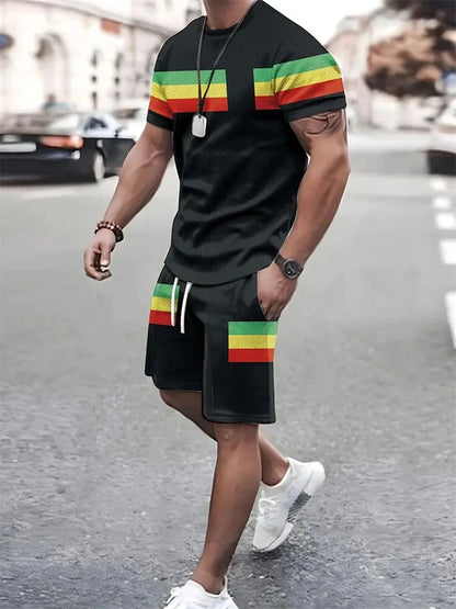 Boutique Men's Summer Casual Sports Short Sleeve Suit Simple Splicing Printed Round Neck T Shirt Drawstring Pocket Shorts Suit
