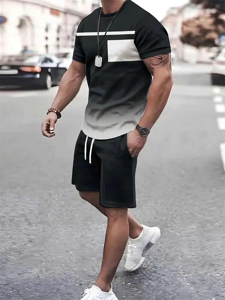 Boutique Men's Summer Casual Sports Short Sleeve Suit Simple Splicing Printed Round Neck T Shirt Drawstring Pocket Shorts Suit