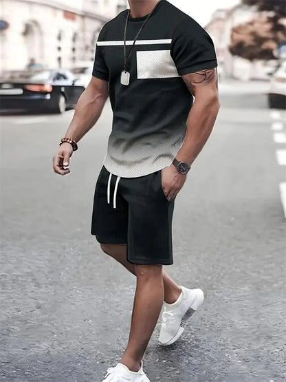 Boutique Men's Summer Casual Sports Short Sleeve Suit Simple Splicing Printed Round Neck T Shirt Drawstring Pocket Shorts Suit