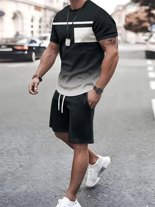 Boutique Men's Summer Casual Sports Short Sleeve Suit Simple Splicing Printed Round Neck T Shirt Drawstring Pocket Shorts Suit