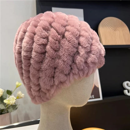Women Winter Warm Real Rex Rabbit Fur Hat Snow Cap Winter Hats for Women Girls Real Fur Knit Skullies Beanies Natural Fluffy Hat