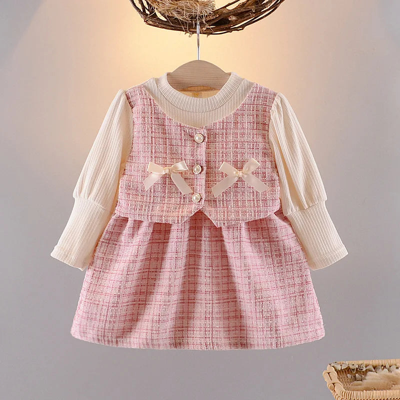 Baby Dresses For Girls Cotton Fashion Long Sleeve Patchwork Fake Two-Piece Outfit Clothes Infant Toddler Girl Long Sleeve Dress