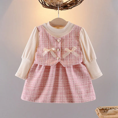 Baby Dresses For Girls Cotton Fashion Long Sleeve Patchwork Fake Two-Piece Outfit Clothes Infant Toddler Girl Long Sleeve Dress