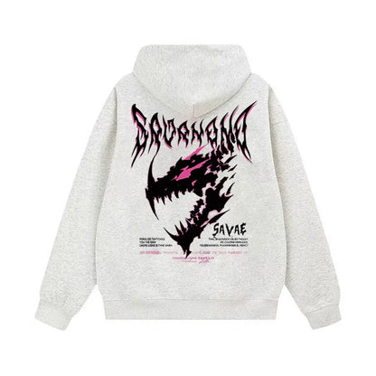 Unisex Cotton Hoodie Street Style Autumn Winter Thickened Fleece Lined Dinosaur Print Lazy Style Casual American Student Top