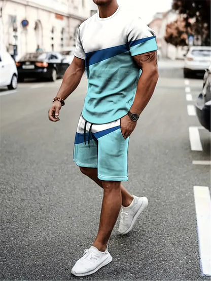 Boutique Men's Summer Casual Sports Short Sleeve Suit Simple Splicing Printed Round Neck T Shirt Drawstring Pocket Shorts Suit