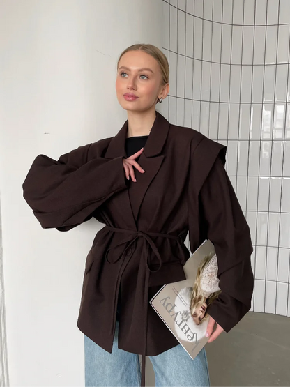 Fashion Brown Lace-up Waist Cinching Blazer Woman Casual V-neck Long Sleeve Short Coat