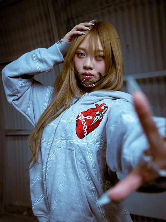 American high street chain heart design women men hoodie Y2K top personality fashion trend punk pullover loose casual sportswear