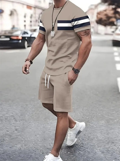 Boutique Men's Summer Casual Sports Short Sleeve Suit Simple Splicing Printed Round Neck T Shirt Drawstring Pocket Shorts Suit