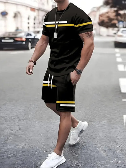 Boutique Men's Summer Casual Sports Short Sleeve Suit Simple Splicing Printed Round Neck T Shirt Drawstring Pocket Shorts Suit