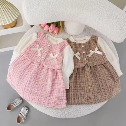 Baby Dresses For Girls Cotton Fashion Long Sleeve Patchwork Fake Two-Piece Outfit Clothes Infant Toddler Girl Long Sleeve Dress
