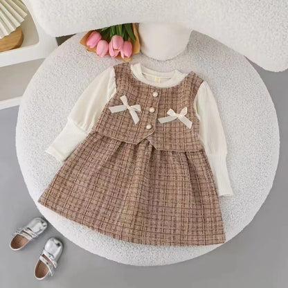 Baby Dresses For Girls Cotton Fashion Long Sleeve Patchwork Fake Two-Piece Outfit Clothes Infant Toddler Girl Long Sleeve Dress