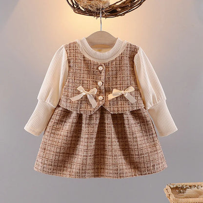 Baby Dresses For Girls Cotton Fashion Long Sleeve Patchwork Fake Two-Piece Outfit Clothes Infant Toddler Girl Long Sleeve Dress