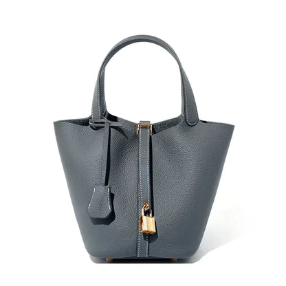 2025 Casual Fashion Female Genuine Leather Bucket Bag Luxury Handbag High-End Tote Bag Woman Cow Leather Mommy Bag & Metal Lock