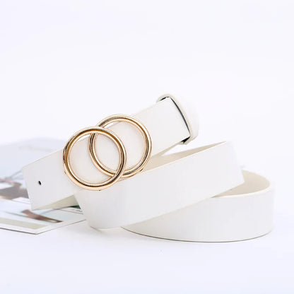 Double Ring Belts for Women Fashion Dress Jeans Belt PU Leather Metal Buckle Round Black Waist Belts