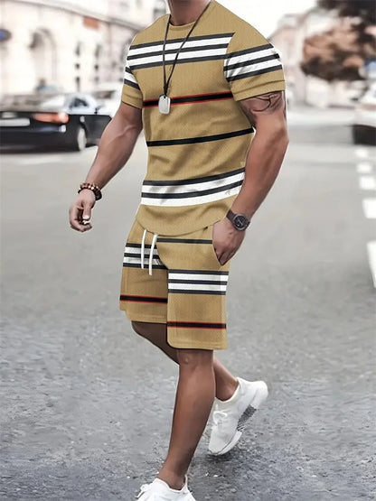 Boutique Men's Summer Casual Sports Short Sleeve Suit Simple Splicing Printed Round Neck T Shirt Drawstring Pocket Shorts Suit