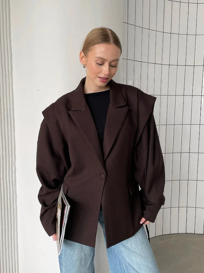 Fashion Brown Lace-up Waist Cinching Blazer Woman Casual V-neck Long Sleeve Short Coat
