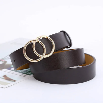 Double Ring Belts for Women Fashion Dress Jeans Belt PU Leather Metal Buckle Round Black Waist Belts