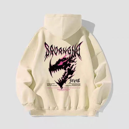 Unisex Cotton Hoodie Street Style Autumn Winter Thickened Fleece Lined Dinosaur Print Lazy Style Casual American Student Top