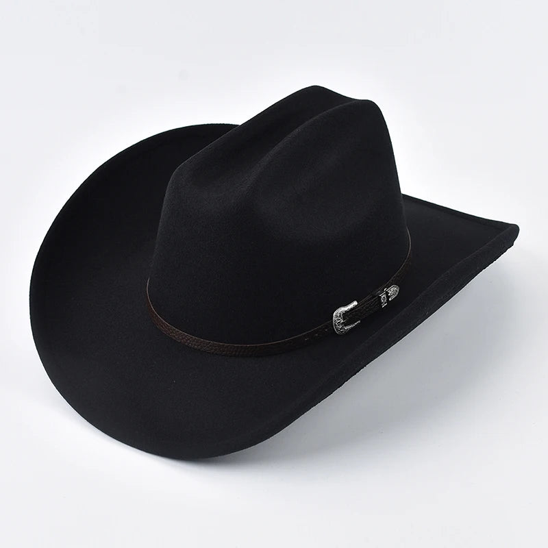 Unisex Western Cowboy Hat With Leather Vintage Big-edge Gentleman Cowgirl Jazz Hat Cloche Church Sombrero Hombre Caps