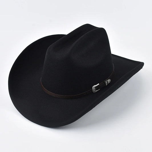 Unisex Western Cowboy Hat With Leather Vintage Big-edge Gentleman Cowgirl Jazz Hat Cloche Church Sombrero Hombre Caps