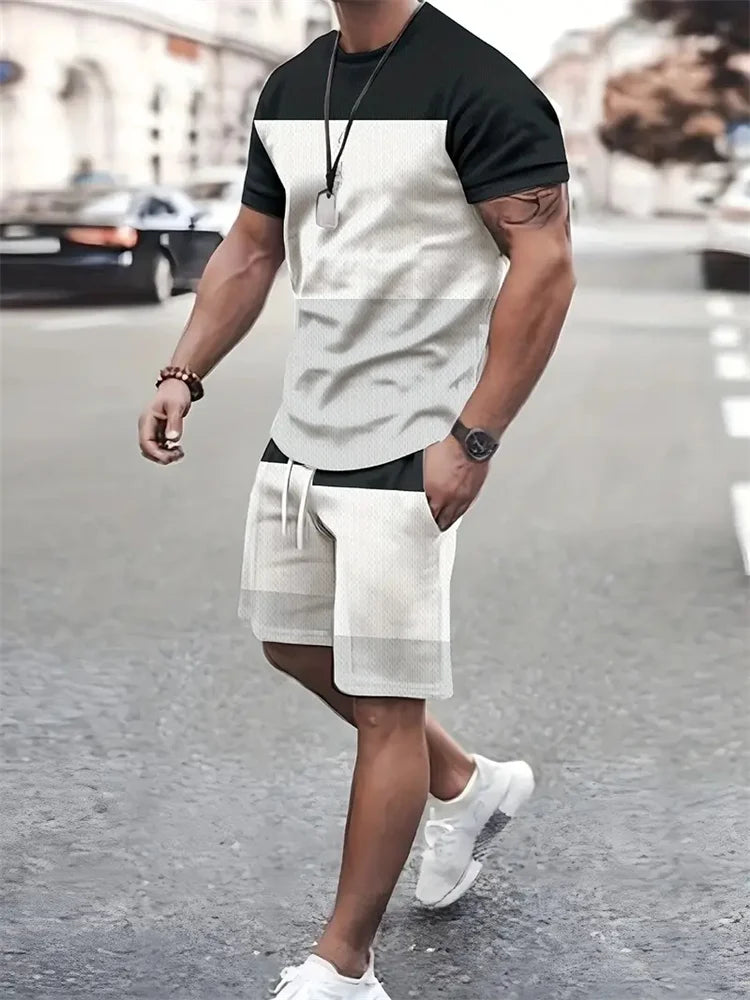 Boutique Men's Summer Casual Sports Short Sleeve Suit Simple Splicing Printed Round Neck T Shirt Drawstring Pocket Shorts Suit
