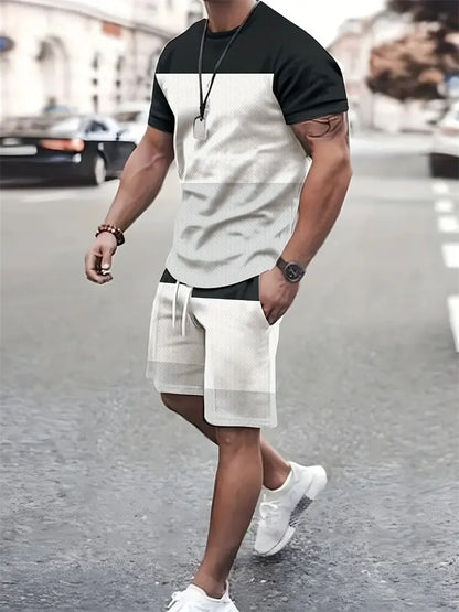 Boutique Men's Summer Casual Sports Short Sleeve Suit Simple Splicing Printed Round Neck T Shirt Drawstring Pocket Shorts Suit