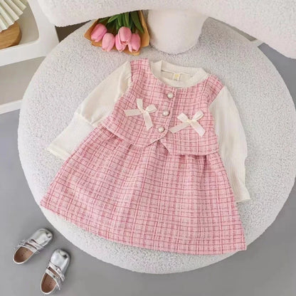 Baby Dresses For Girls Cotton Fashion Long Sleeve Patchwork Fake Two-Piece Outfit Clothes Infant Toddler Girl Long Sleeve Dress