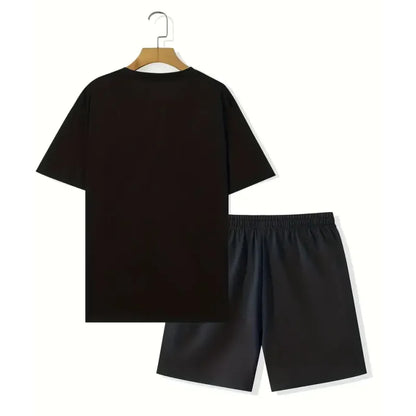 Boutique Men's Summer Casual Sports Short Sleeve Suit Simple Splicing Printed Round Neck T Shirt Drawstring Pocket Shorts Suit