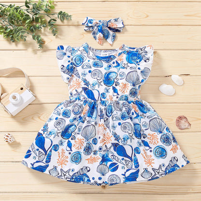 2025 Baby Girl Dresses 18 Month Girls Toddler Beach Sea Printed Flutter Sleeves Dress Infant Girls Preschool Sweet Clothes