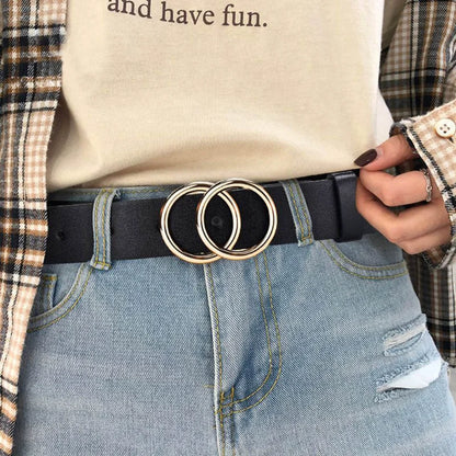 Double Ring Belts for Women Fashion Dress Jeans Belt PU Leather Metal Buckle Round Black Waist Belts