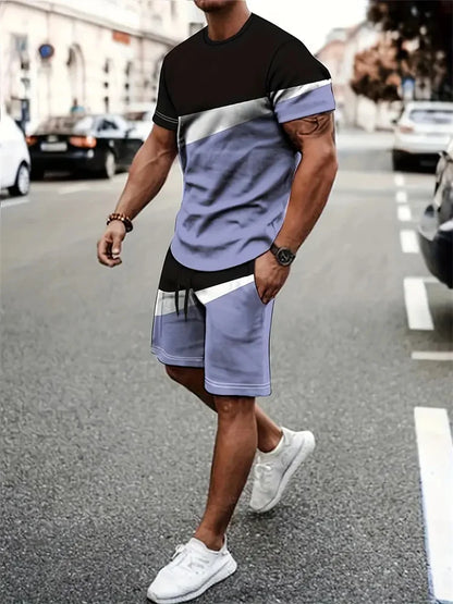 Boutique Men's Summer Casual Sports Short Sleeve Suit Simple Splicing Printed Round Neck T Shirt Drawstring Pocket Shorts Suit
