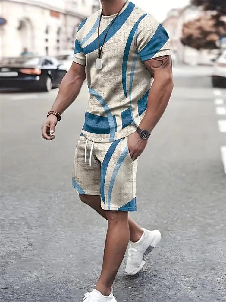 Boutique Men's Summer Casual Sports Short Sleeve Suit Simple Splicing Printed Round Neck T Shirt Drawstring Pocket Shorts Suit