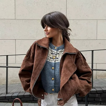 Chic Brown Faux Suede Cropped Casual Coat Vintage Lapel Solid Zipper Short Jacket 2025