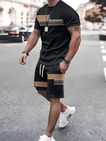 Boutique Men's Summer Casual Sports Short Sleeve Suit Simple Splicing Printed Round Neck T Shirt Drawstring Pocket Shorts Suit